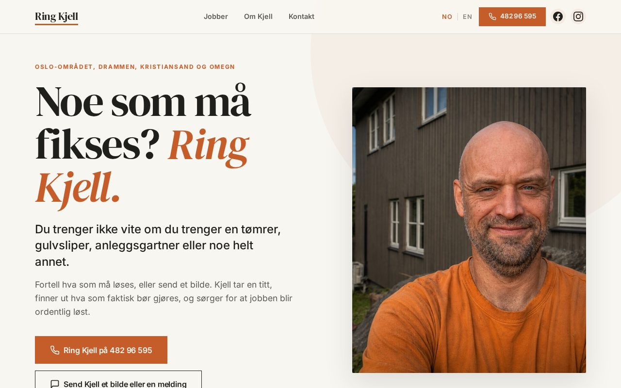 Forsiden på ringkjell.no — håndverkertjeneste der kunden kan sende bilde av jobben
